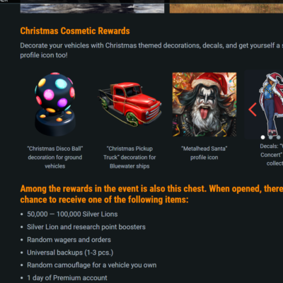 موارد قابل دریافت ایونت کریسمس دریافت هواپیما، تانک و کشتی تاپ مخصوص وارتاندر