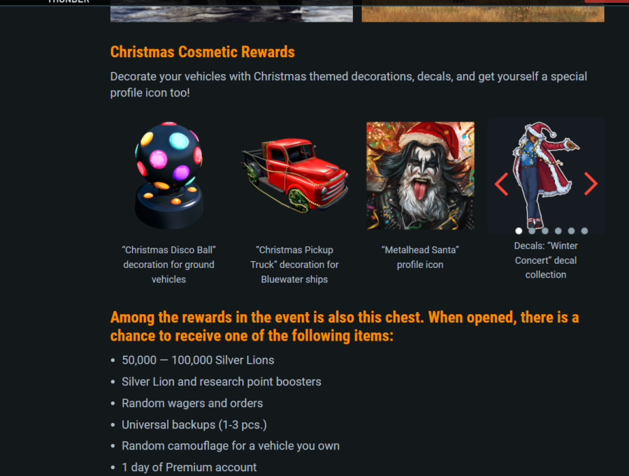 موارد قابل دریافت ایونت کریسمس دریافت هواپیما، تانک و کشتی تاپ مخصوص وارتاندر