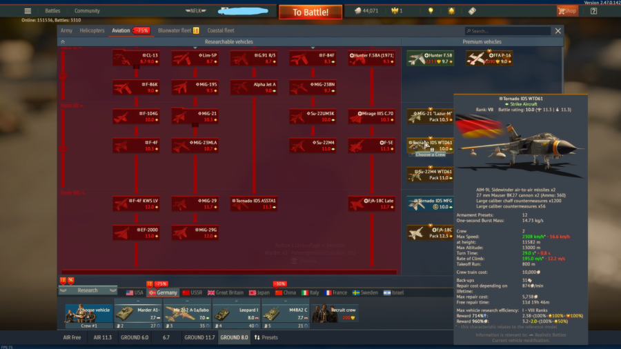 خرید اکانت وارتاندر آلمان دارای  f 106 a tornado ids (perm) کد #34
